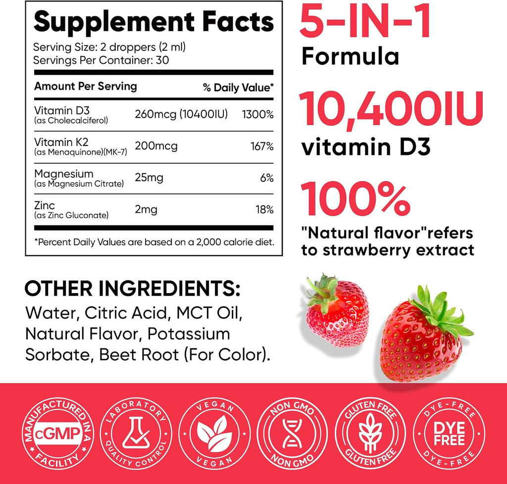 Venture Pal 5-en-1 Gotas de Vitamina D3 K2 - 10.000 UI D3 y 200 mcg K2 (MK-7) con Magnesio, Zinc y Aceite MCT - 60 ml, 60 Días