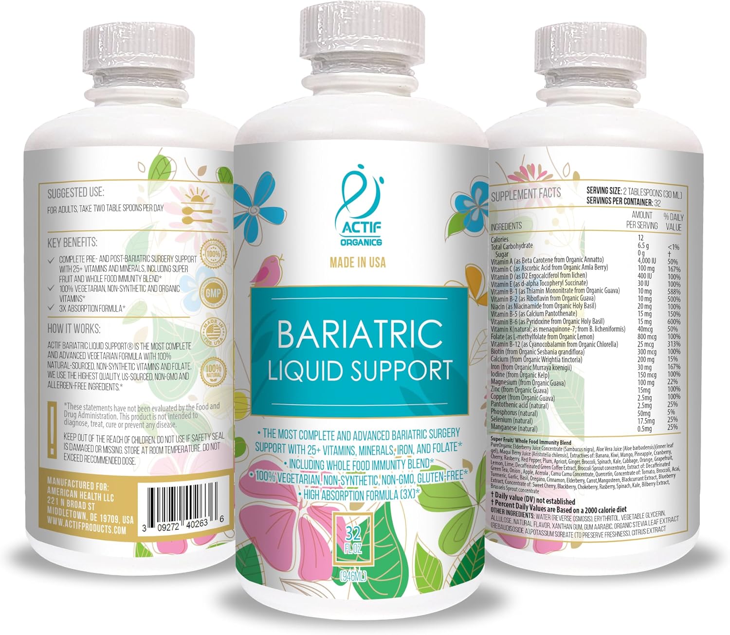 Actif Organic Bariatric Liquid Support - Complejo Multivitamínico Orgánico con 25+ Vitaminas y Minerales - 946 ml