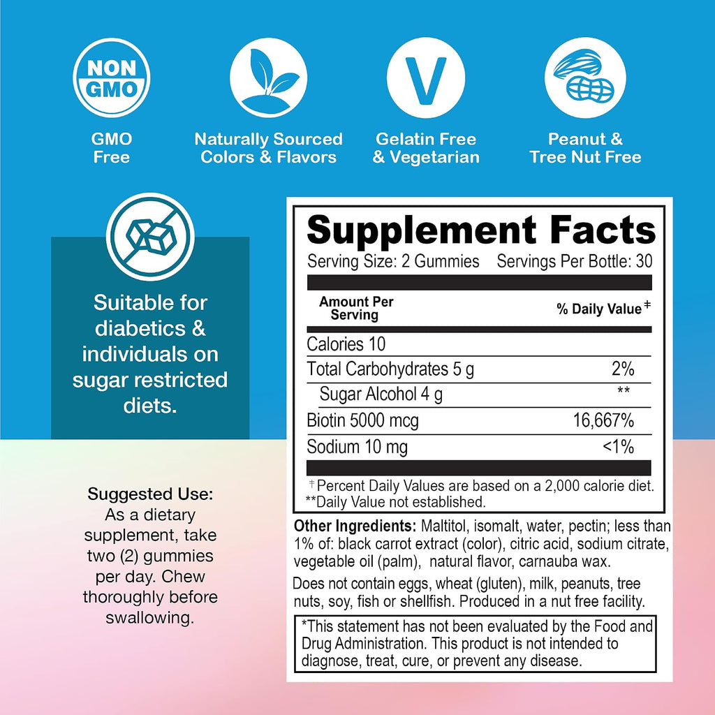 YUM-V'S Gominolas de Biotina Sin Azúcar - 5000 mcg - 60 unidades