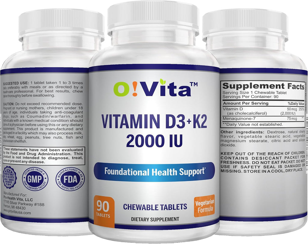 O!VITA Vitamina D3 + K2 2000UI Masticable para el Mantenimiento de los Huesos, 90 Comprimidos Vegetarianos (Suministro para 3 Meses)