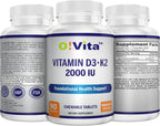 O!VITA Vitamina D3 + K2 2000UI Masticable para el Mantenimiento de los Huesos, 90 Comprimidos Vegetarianos (Suministro para 3 Meses)