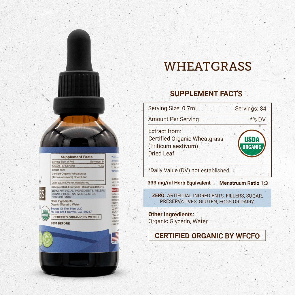 Secrets of the Tribe Wheatgrass USDA Organic - Extracto Sin Alcohol, Gotas Herbales de Alta Potencia - 100% Wheatgrass Orgánico Certificado (Triticum aestivum) Hoja Seca 60 ml