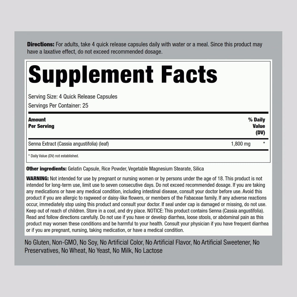 Piping Rock Senna Leaves Cápsulas | 1800mg | 100 Count | Senna Leaf Extract