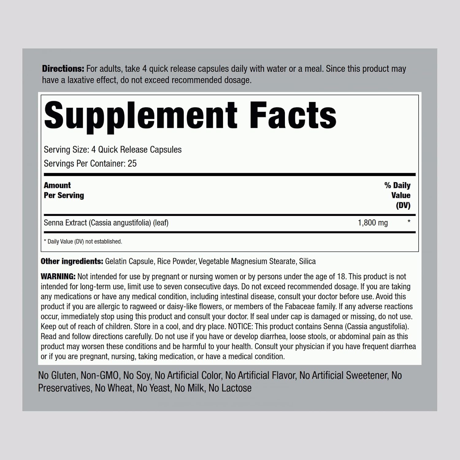 Piping Rock Senna Leaves Cápsulas | 1800mg | 100 Count | Senna Leaf Extract