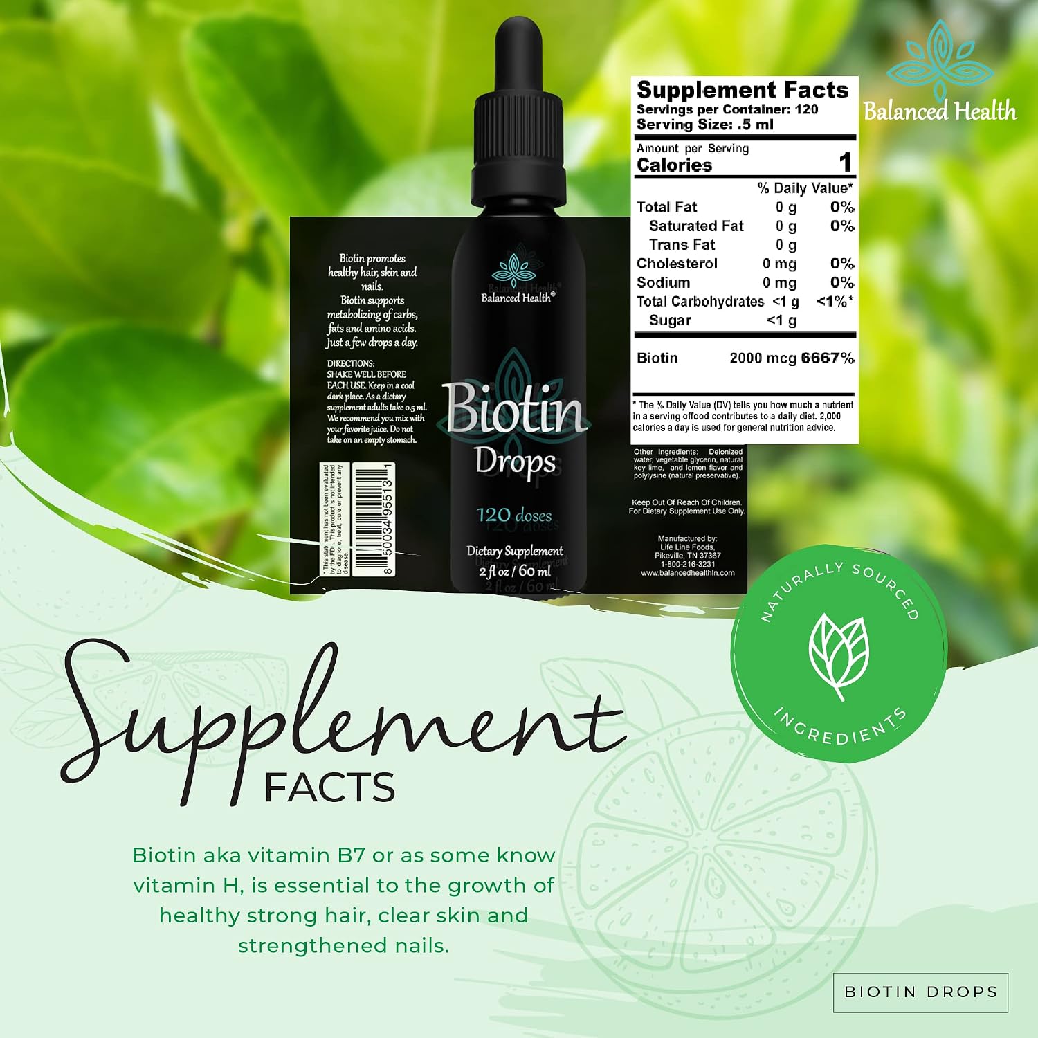 Balanced Health Biotina Líquida con Sabor a Limón, 60 ml (120 dosis)