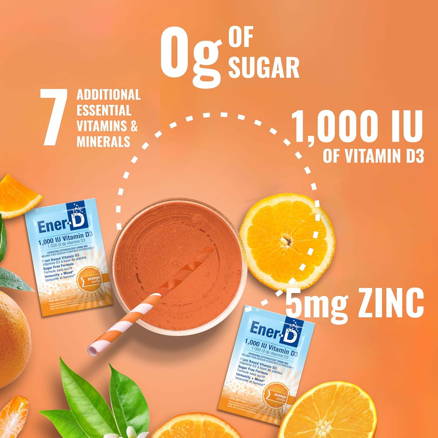 Ener-C Vitamina C 1000mg sin Azúcar y Ener-D Vitamina D3 Naranja Paquete Multivitamínico en Polvo