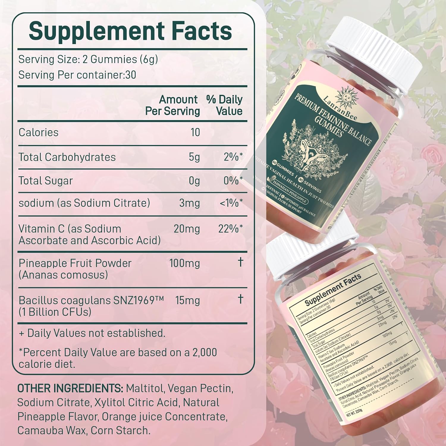 LanranBee Premium Feminine Balance Gummies - Probiótico Vaginal - 60 Gominolas - Sabor Piña Hawaiana