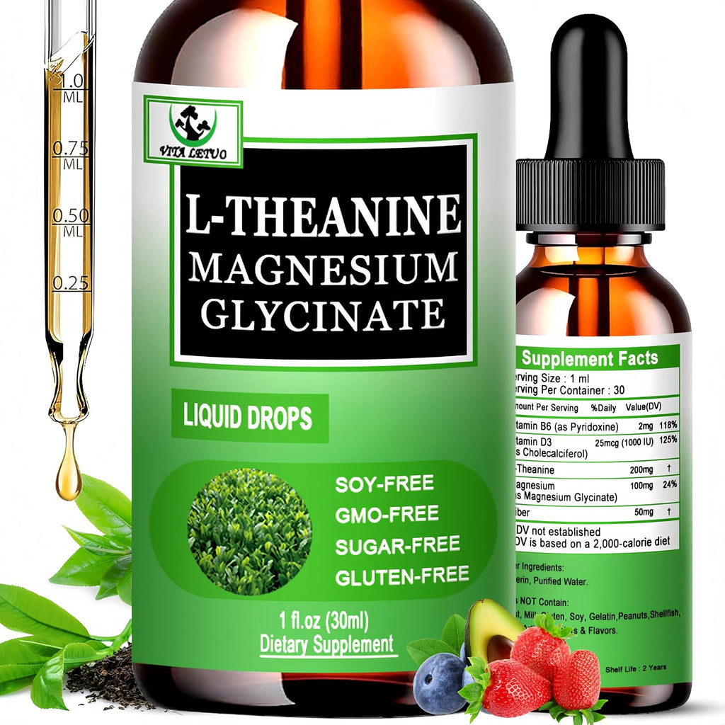 Vita letuo L-Theanine Drops 200mg con Magnesio Glicinato, Vitaminas y Fibra – Suplemento Líquido para la Relaxación y el Sueño