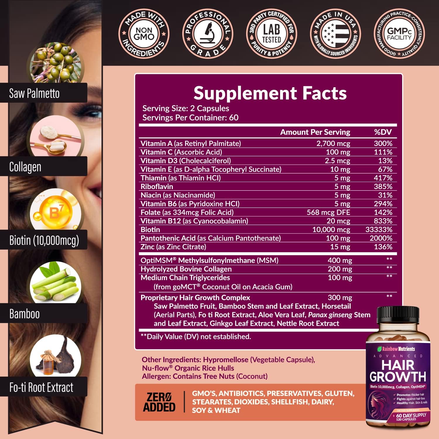 Vitaminas para el Crecimiento del Cabello para Mujeres con Biotina 10.000 mcg, Colágeno, OptiMSM, goMCT y Saw Palmetto - 2 Envases