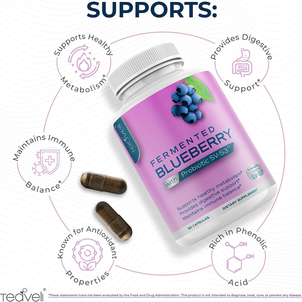 Teaveli Probiotic Blueberry Supplement con Arándanos Silvestres – 1000 mg/Serving – 60 Cápsulas