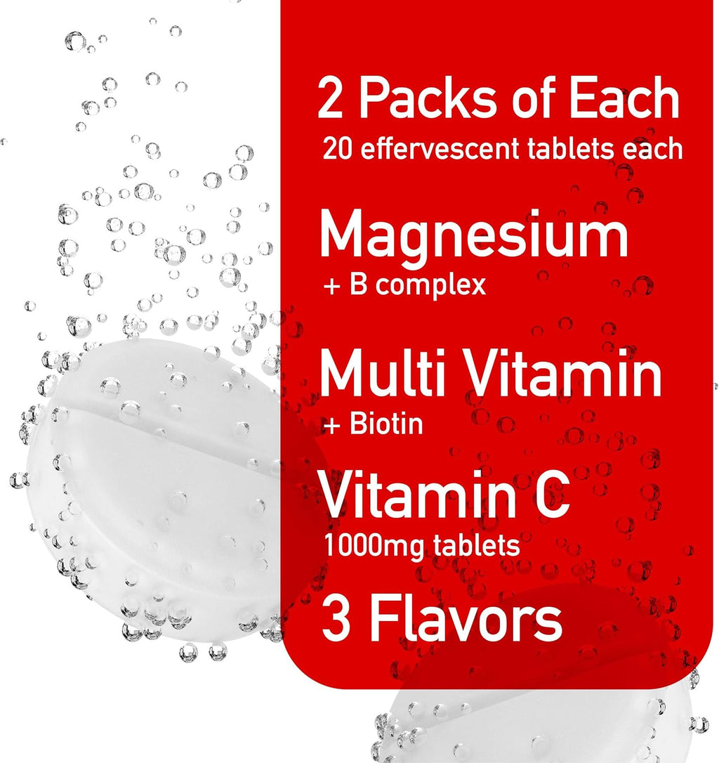 Swiss Imports Pack Variado Efervescente con Vitamina C 1000mg, Magnesio + Complejo B, Multivitamínico + Biotina (6 Paquetes, 120 Comprimidos)