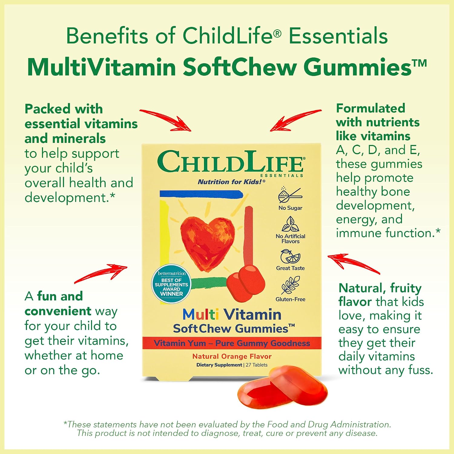 CHILDLIFE ESSENTIALS Multivitamínico Infantil Gomitas SoftChew - Sin Azúcar, Sabor Naranja Natural, 27 Gomitas