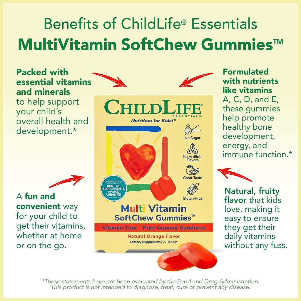 CHILDLIFE ESSENTIALS Multivitamínico en Gominolas para Niños - Sin Azúcar, Sabor Naranja Natural, 27 Gominolas