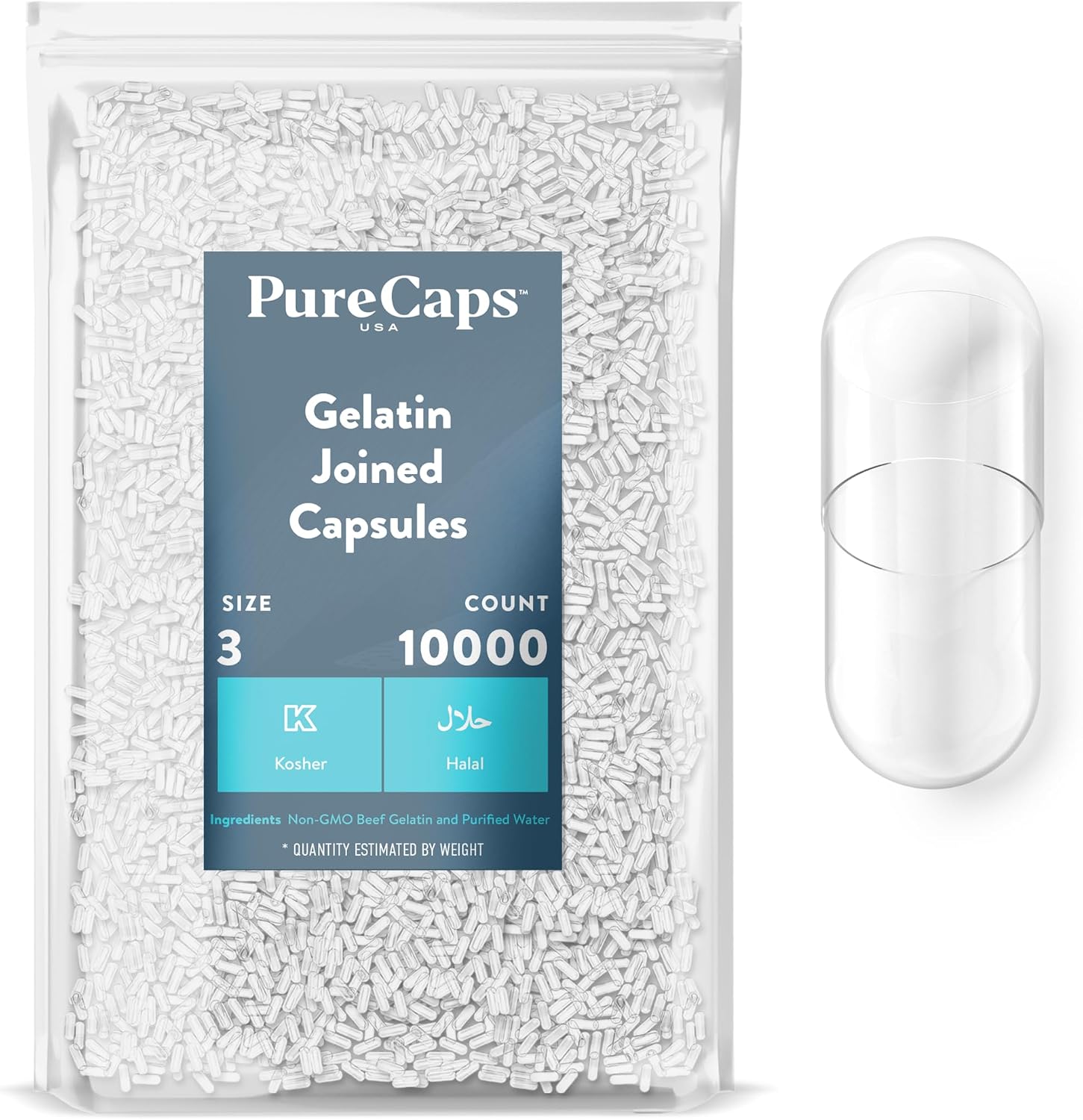 PureCaps USA - Cápsulas de Gelatina Vacías Tamaño 3 | 100 Unidades | Transparentes | Sin OGM | Sin SLS, Gluten ni Conservantes
