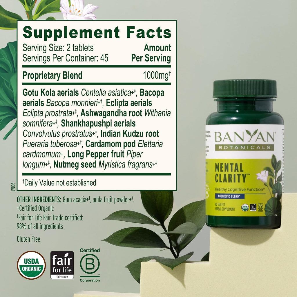 Banyan Botanicals Organic Mental Clarity - Ayurvedic Supplement for Mental Clarity - 90 Tablets