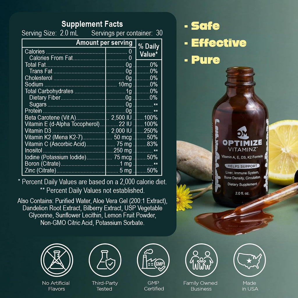 Optimize Vitaminz Líquido Vitamina D3 K2 con Diente de León y Arándano – Apoyo Inmunitario, Huesos e Hígado – Fórmula MK-7 de Rápida Absorción – 30 Días, 60 ml