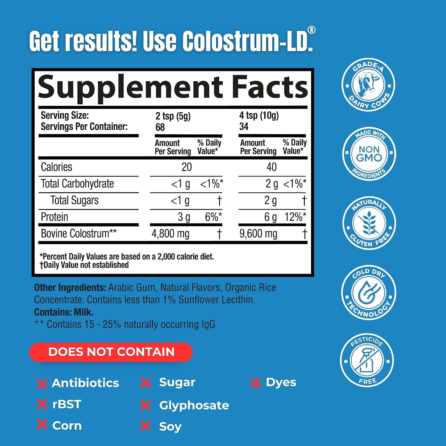 Colostrum-LD con Sistema de Liberación Liposomal - Polvo de Calostro - Sin Gluten, Bajo en Lactosa - 68 Dosis - 340g Vainilla