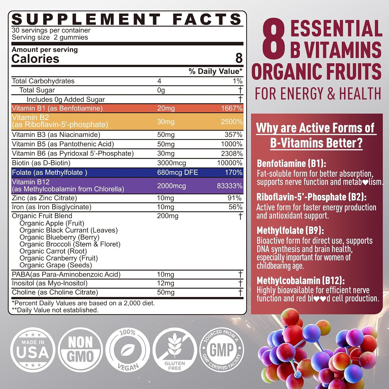 Nextdia Brain & Mood Support Gummies, Complejo B Super para Hombres y Mujeres, Todas las Vitaminas B1 B2 B3 B5 B6 B7 Folato MetilB12 con PABA, Inositol, Colina, Apoya el Gen MTHFR y la Energía, Vegano, 120 unidades