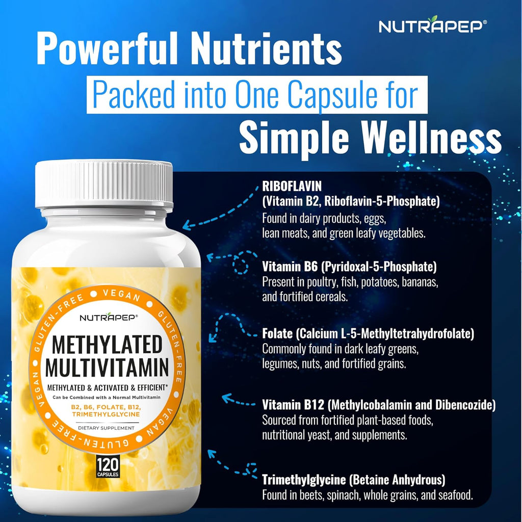NutraPep Multivitamínico Metilado para Hombres y Mujeres - 5-MTHF, Riboflavina, B6, B12, Trimetilglicina