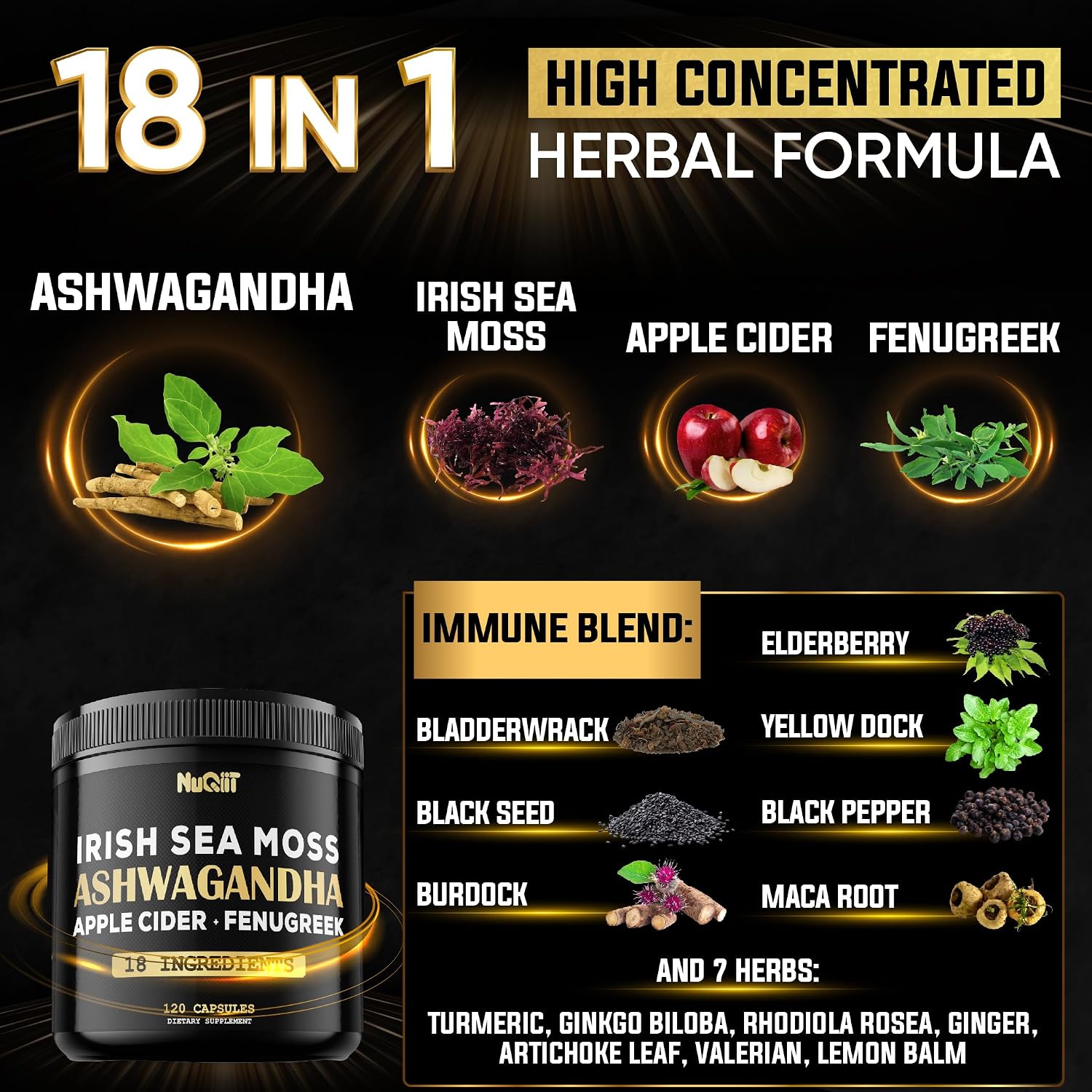 NUQIIT Cápsulas Orgánicas de Ashwagandha con Irish Sea Moss, Vinagre de Manzana y Más - 120 Cápsulas Veganas