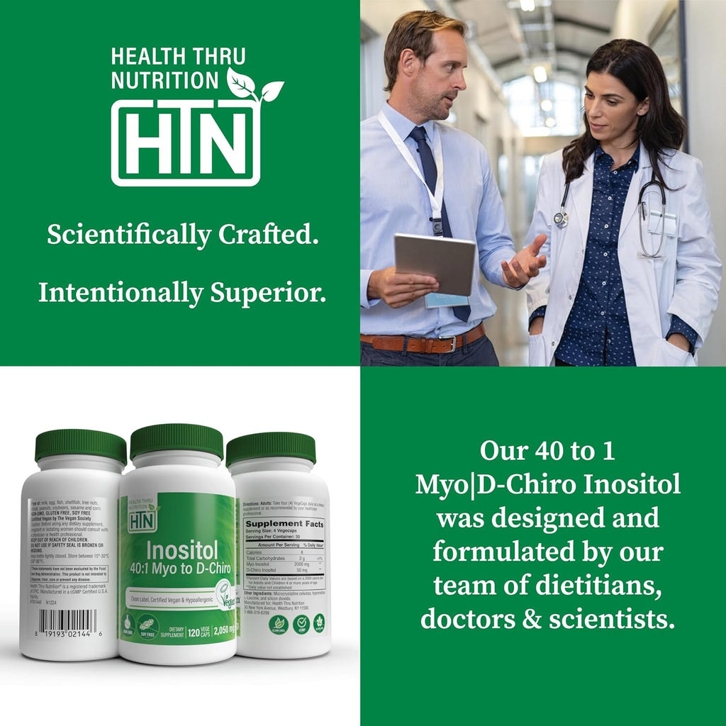 Health Thru Nutrition Inositol Supplement 40:1 Myo-Inositol a D-Chiro-Inositol 2050mg por Porción | 120 Cápsulas | Vegano Certificado | No Transgénico