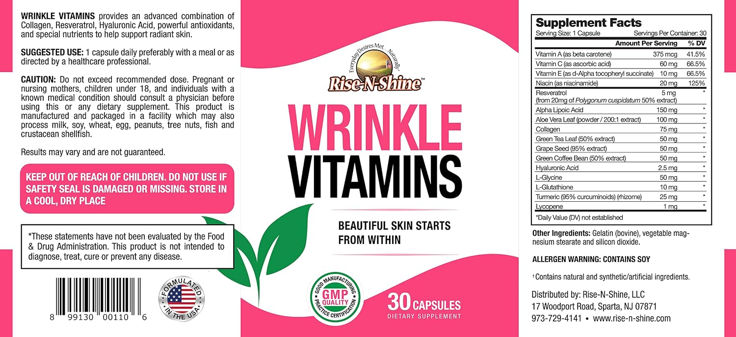 Rise-N-Shine Wrinkle Vitamins - Complemento para la Piel con Colágeno, Resveratrol, Aloe Vera, Semilla de Uva y más (30 Comprimidos)