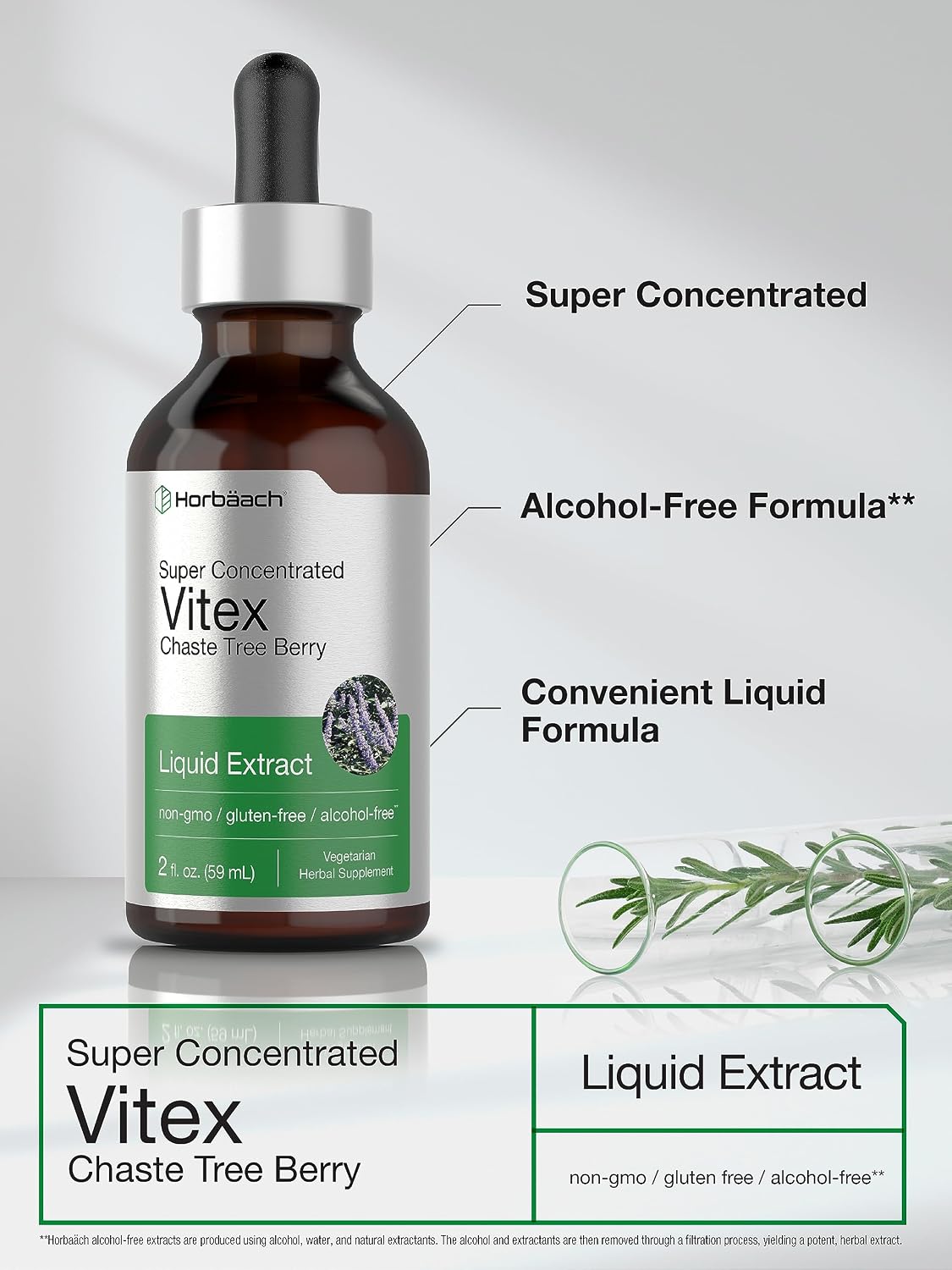 Extracto Líquido de Vitex (Baya de Casto) de Horbäach | 60 ml | Tintura Superconcentrada Sin Alcohol | Complemento Alimenticio Vegetariano, No-GMO, Sin Gluten