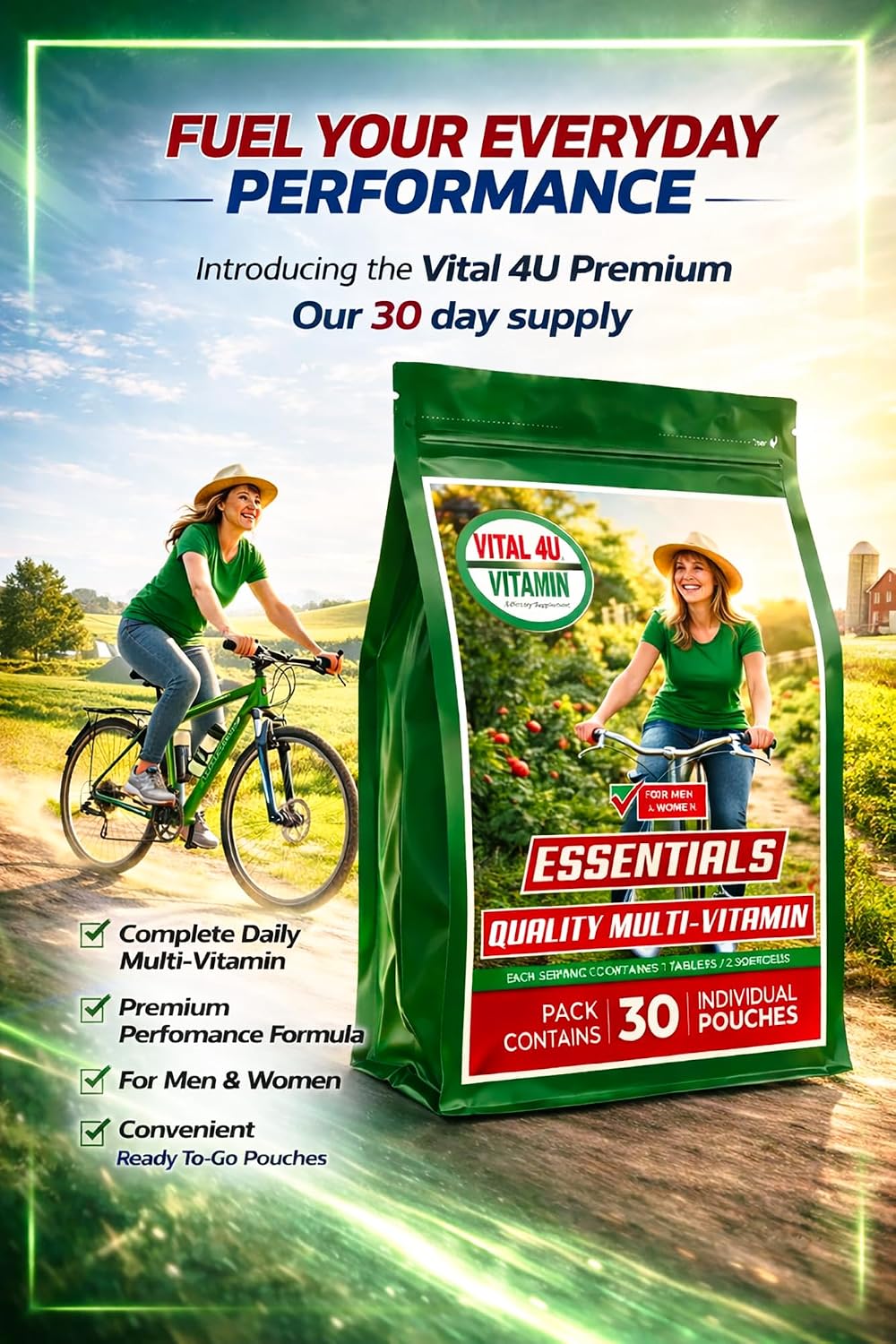 VITAL 4U Vitamin Essentials Multivitamínico Diario para Hombres y Mujeres, 30 Sobres