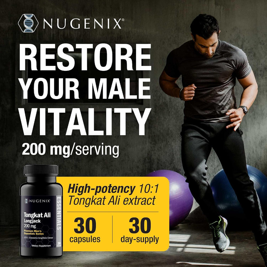 Nugenix Essentials Tongkat Ali para Hombres - Extracto de Longjack 200 mg, 30 Cápsulas