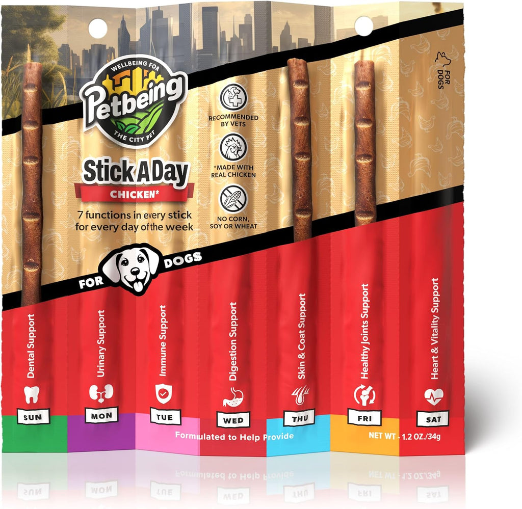 PETBEING Stick a Day para Perros - Snacks Diarios con Sabor a Pollo Real y Apoyo 7 en 1 - 28 unidades