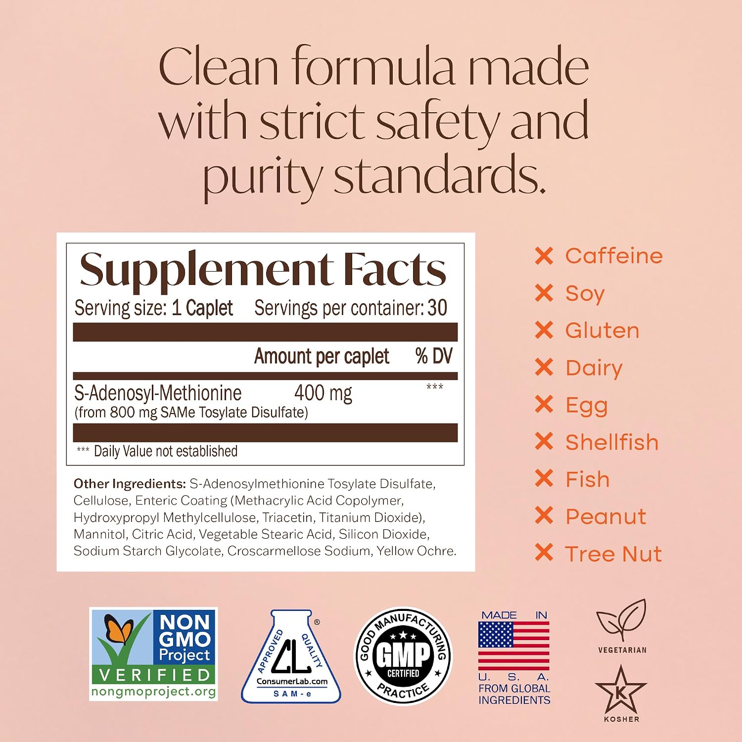 Nature's Trove SAM-e 400 mg – 30 tabletas entéricas | Vegano, Kosher, Sin gluten