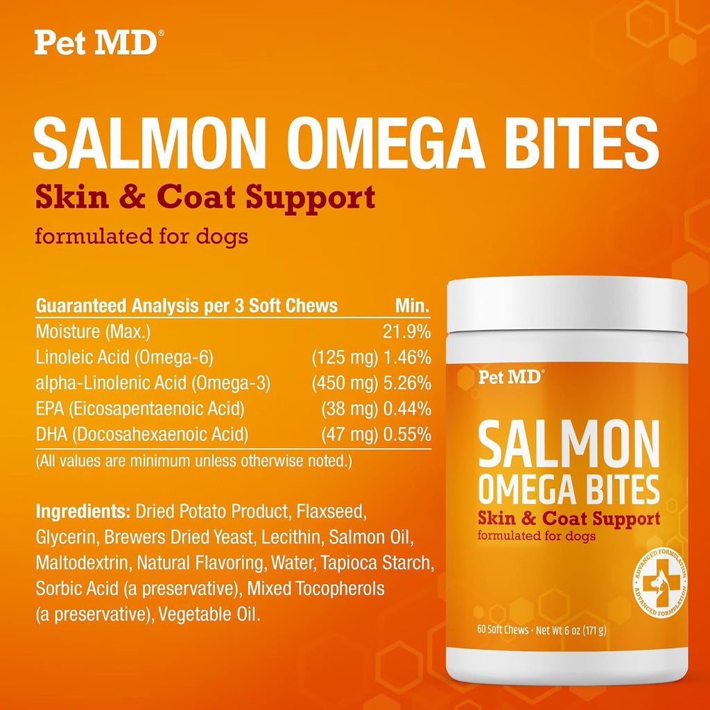 Pet MD Omega Bites de Salmón para Perros - Suplemento de Omega 3 y 6 con DHA y EPA - 60 Masticables