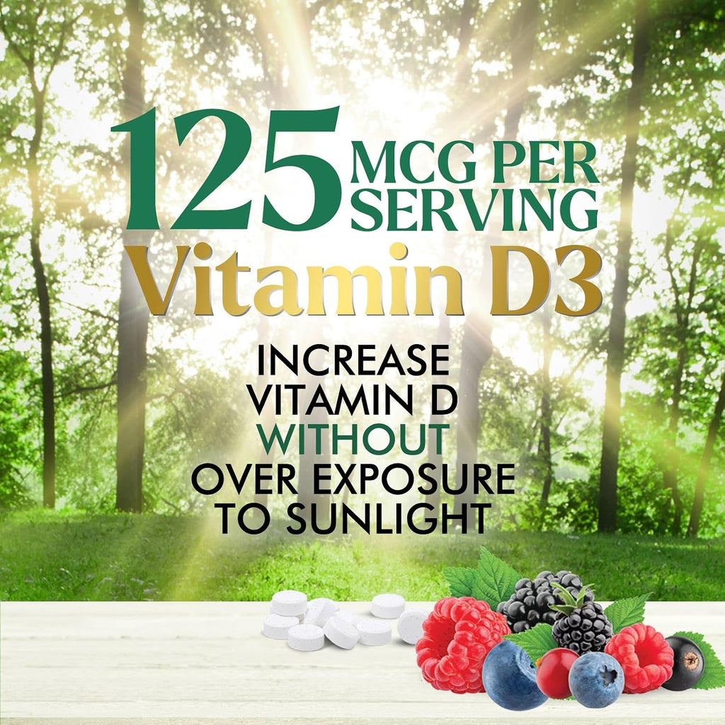 Vitamina D3 5000 UI (125 mcg) por Dosis - Comprimidos Masticables Extra Fuertes sin Azúcar - Apoyo Inmunitario, Huesos, Dientes y Músculos - Sin Gluten - 60 Comprimidos