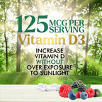 Vitamina D3 5000 UI (125 mcg) por ración - Comprimidos masticables extra fuertes para el apoyo inmunitario, huesos, dientes y músculos - Sin azúcar, sin gluten, envasado en EE. UU. - 120 comprimidos