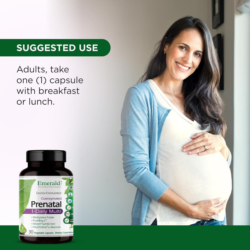 Emerald Labs Prenatal 1-Daily Multi - Multivitamínico Prenatal con Folato Metilado, Hierro, Mezcla de Alimentos Integrales - Sin Soja, Sin Gluten - 30 Cápsulas Vegetales