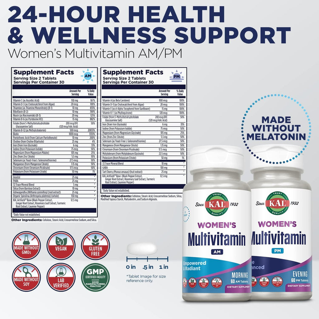 KAL Women's Multivitamin AM/PM, 2 en 1, con Ashwagandha, Silicio, Espirulina Orgánica y GABA, 120 Comprimidos