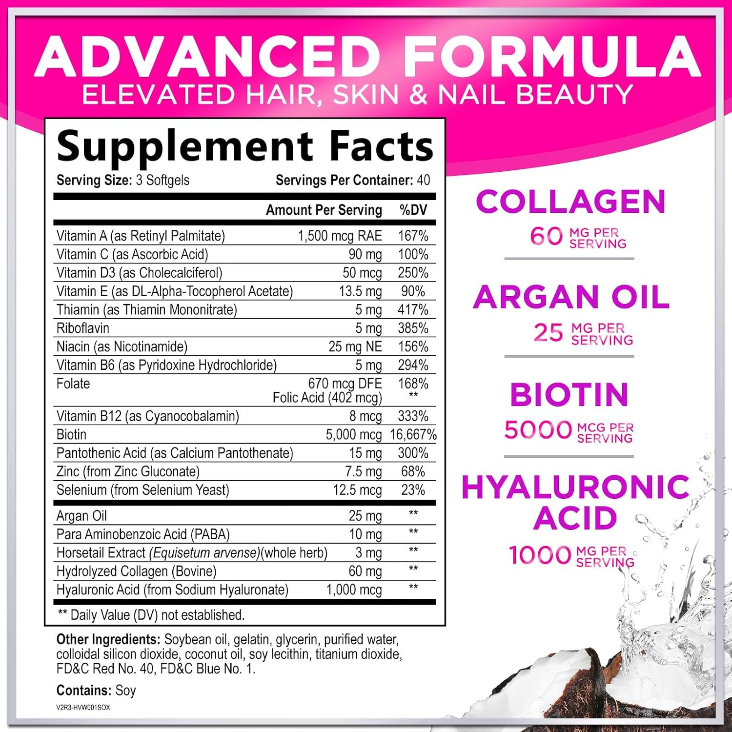 Vitaminas para el Cabello con Biotina, Colágeno y Ácido Hialurónico - 120 Cápsulas Blandas
