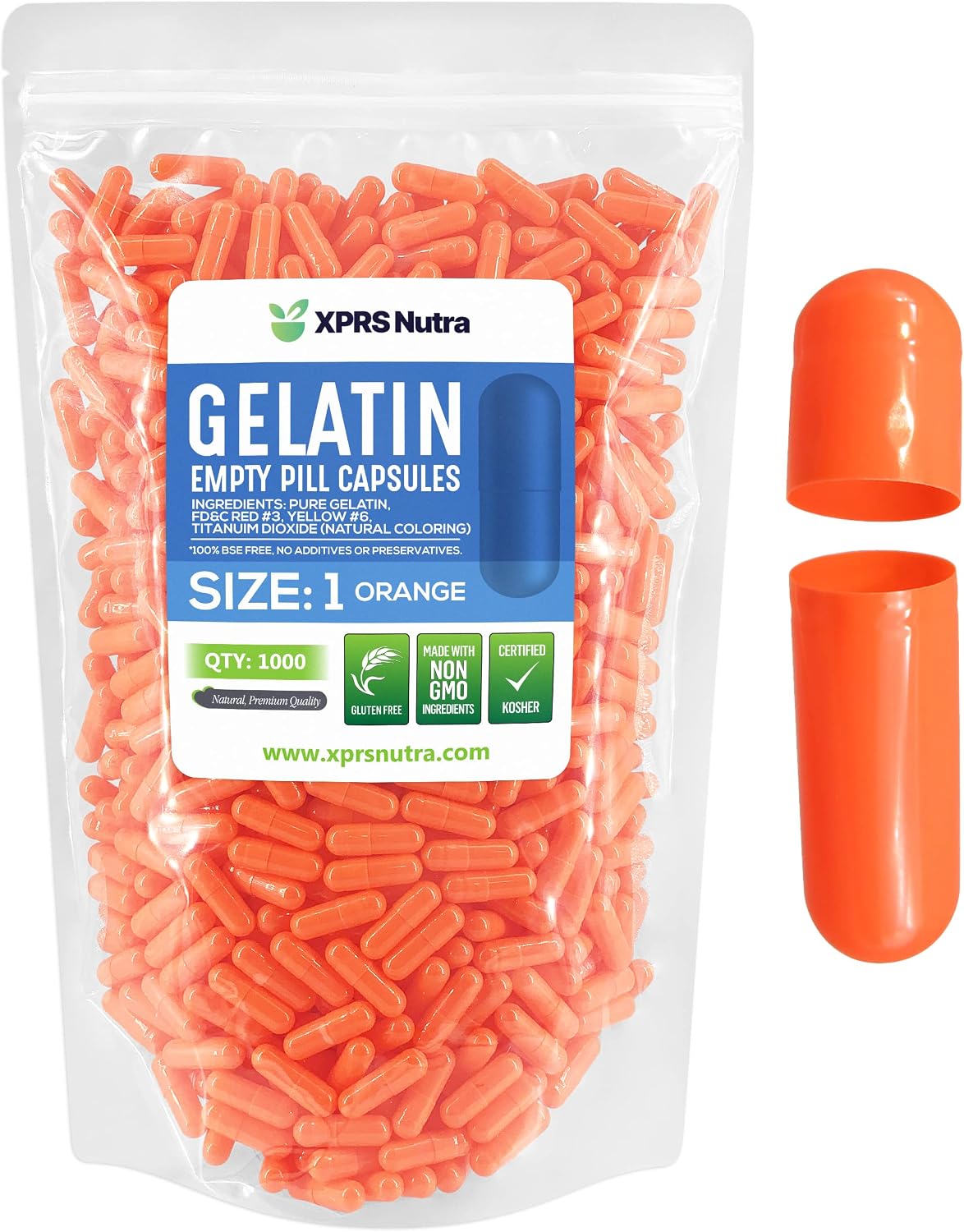 XPRS Nutra Cápsulas Vacías Tamaño 1 - 1000 uds - Cápsulas de Gelatina de Bovino para Rellenar Suplementos DIY (Naranja)