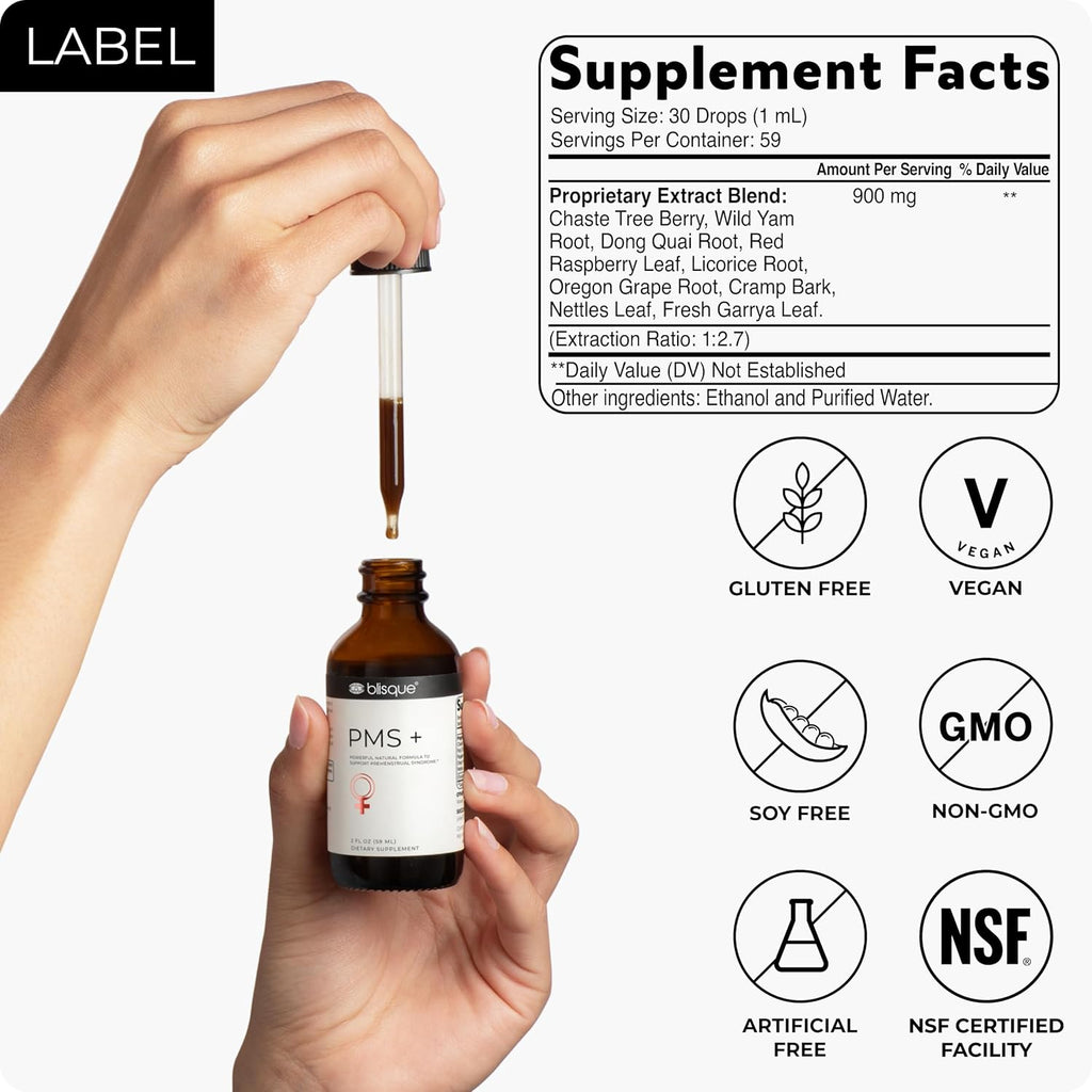 Blisque PMS+ – Suplemento Natural para el Síndrome Premenstrual, Alivio de Cólicos e Hinchazón | Equilibrio Hormonal | Vegano y No-GMO | 59 ml | 59 Dosis