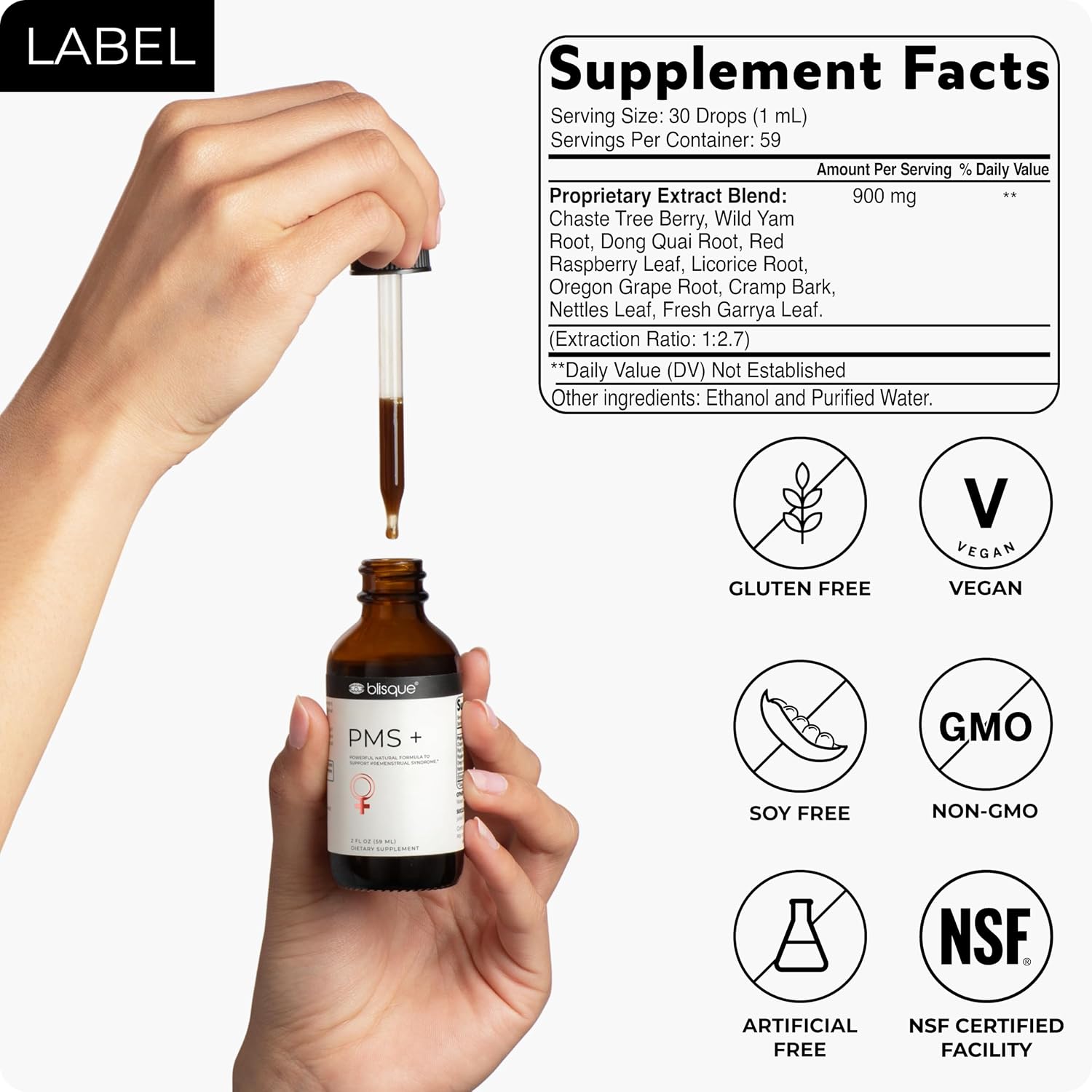 Blisque PMS+ – Suplemento Natural para el Síndrome Premenstrual, Alivio de Cólicos e Hinchazón | Equilibrio Hormonal | Vegano y No-GMO | 59 ml | 59 Dosis
