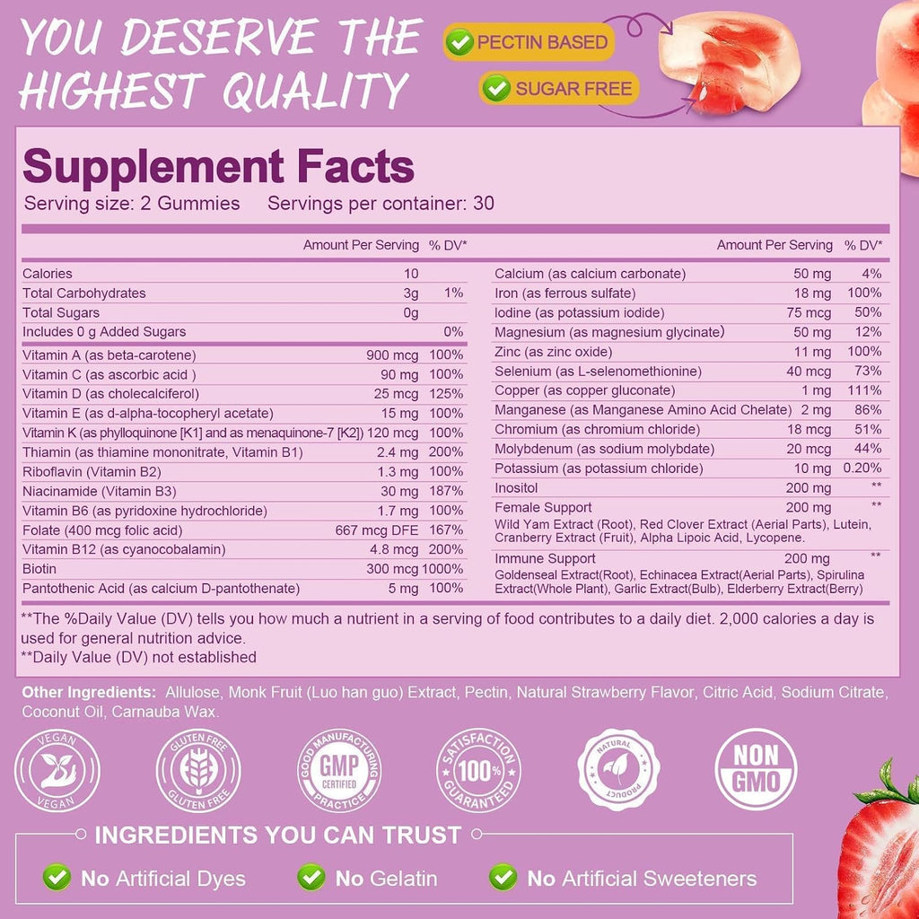 Totaria Multivitamin Gummies Sin Azúcar para Mujeres 14+ con Inositol, Hierro, Folato, Biotina