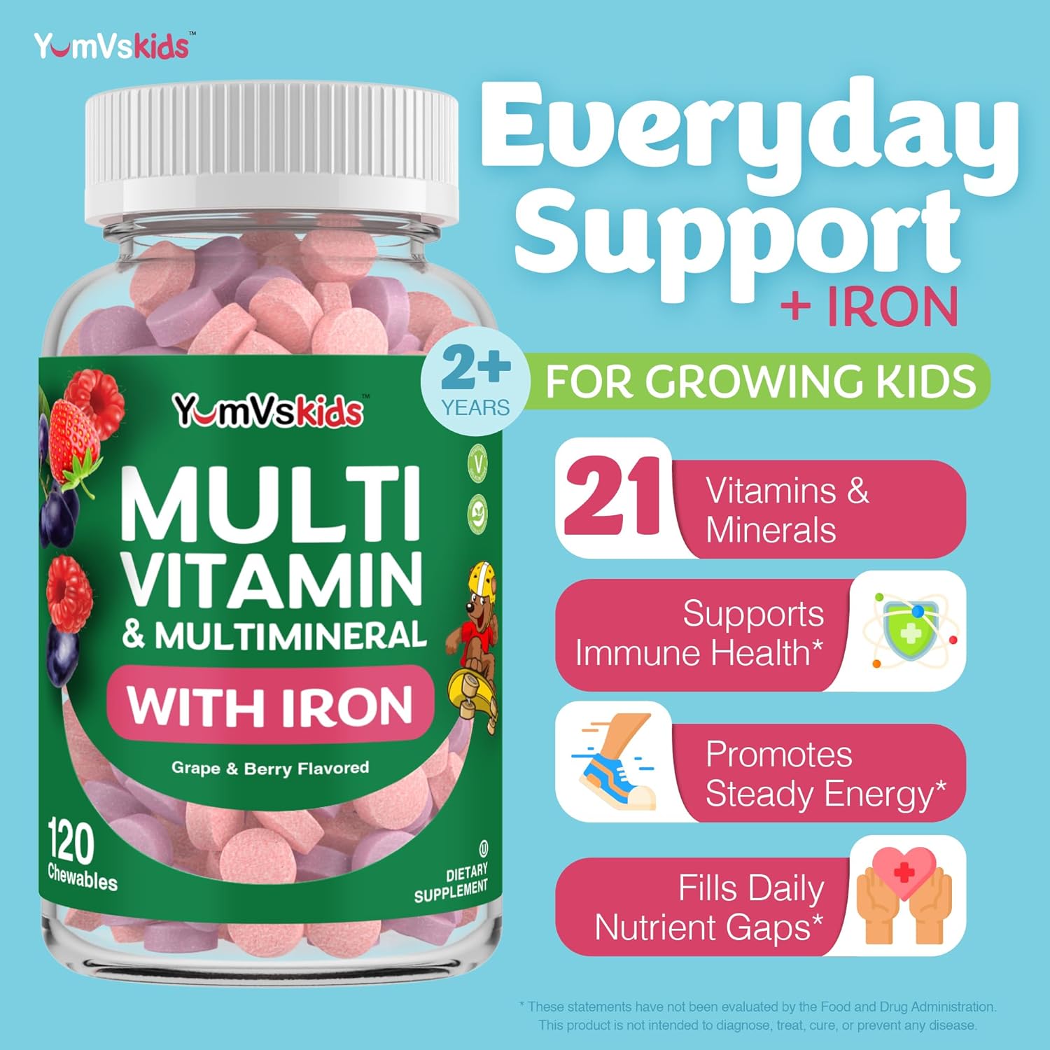 YumVs Multivitamínico Infantil con Hierro y Minerales - Comprimidos Masticables Sabor Uva y Bayas - para Niños de 2+ Años - 120 Comprimidos