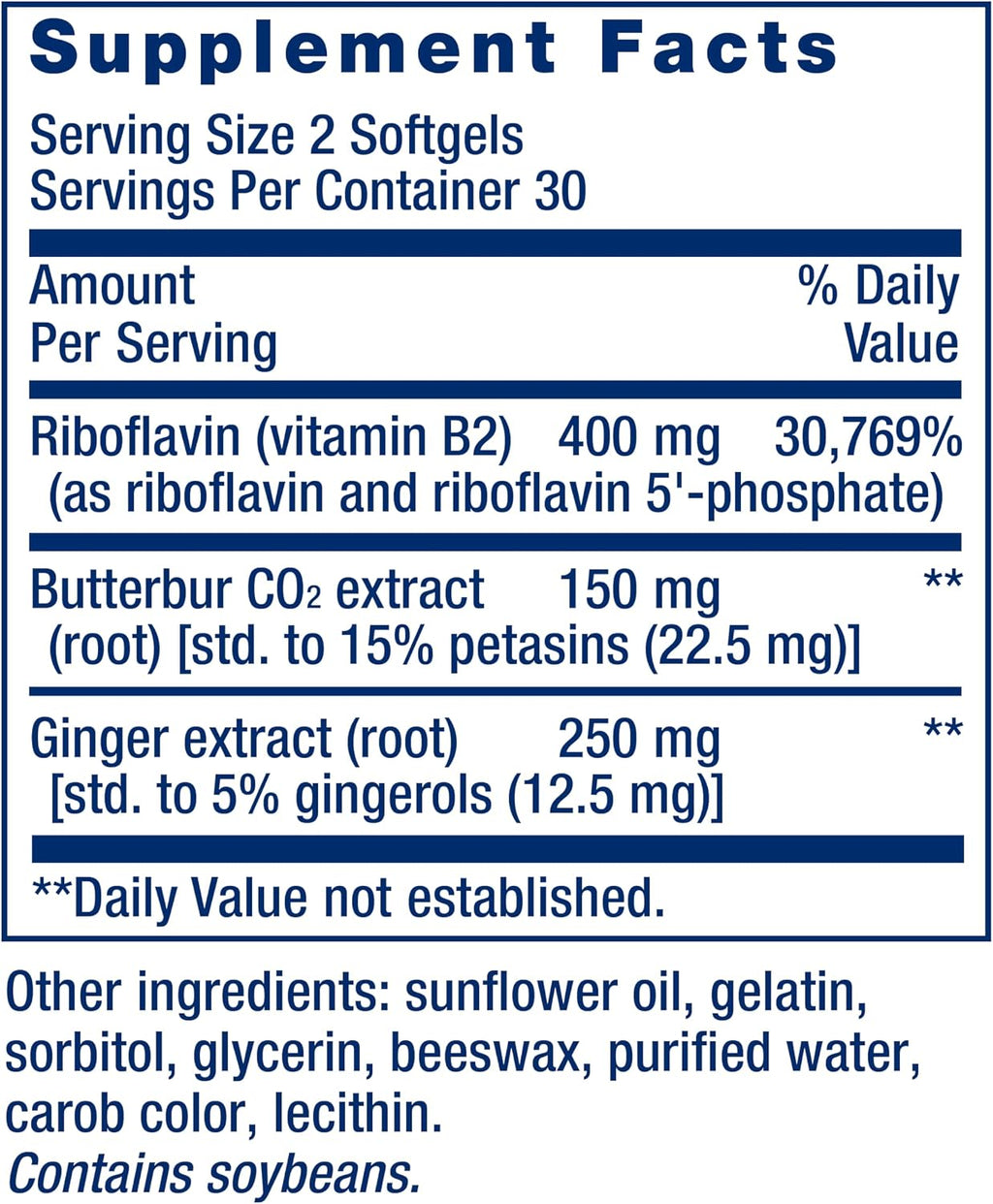 Life Extension Migra-Eeze - Suplemento con Extracto de Raíz de Petasita, Vitamina B2 y Jengibre - Fórmula para Aliviar el Malestar de Cabeza - Sin Gluten - 60 Cápsulas Blandas