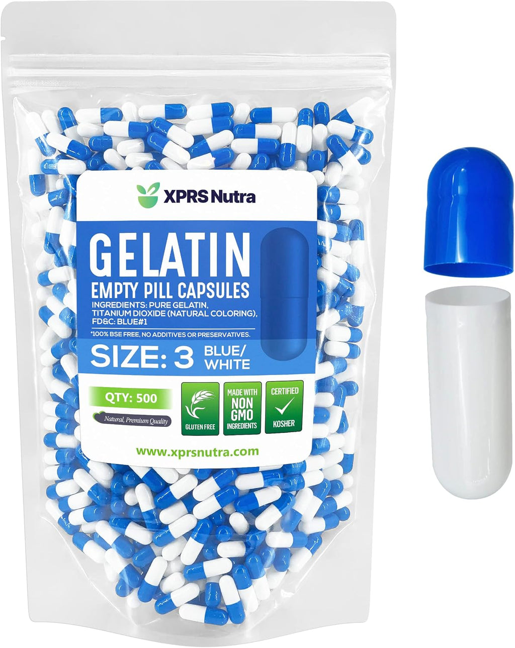 XPRS Nutra Cápsulas Vacías de Gelatina Tamaño 3 - 500 Unidades - Cápsulas de Gelatina Bovinas para Rellenar