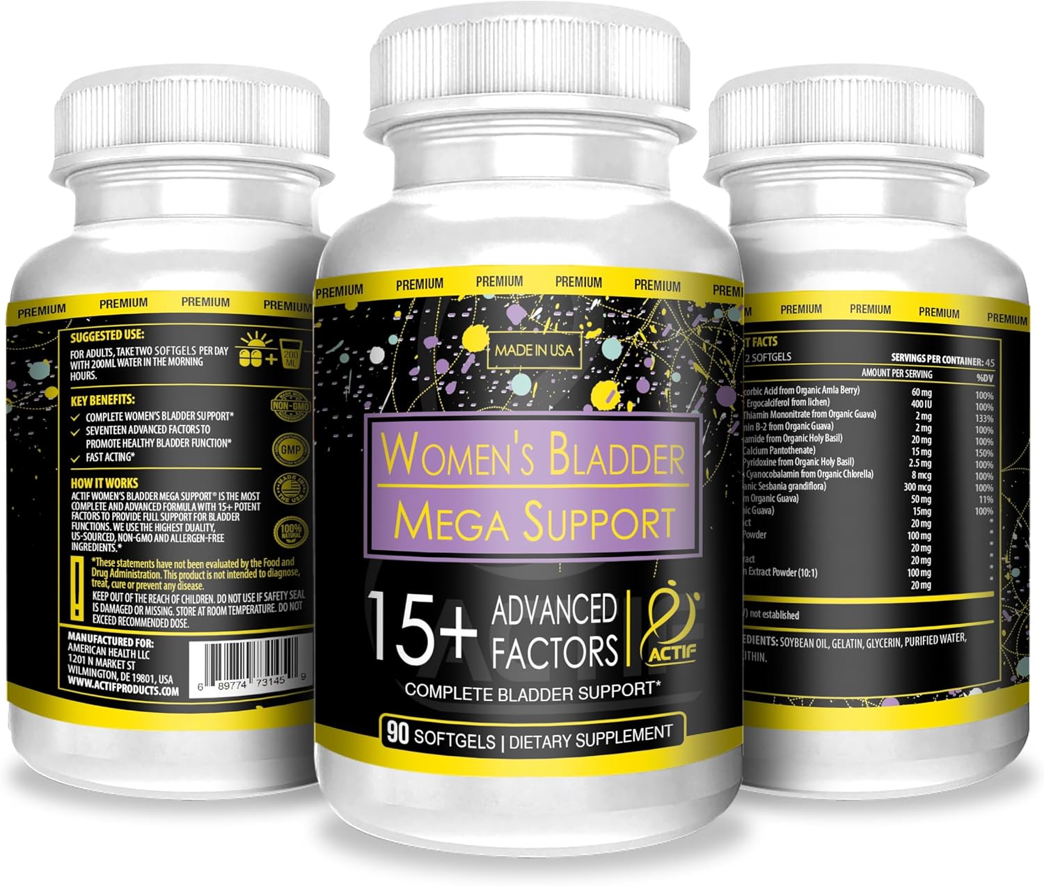 Actif Soporte de Vejiga Femenino con 15+ Factores - 120 Cápsulas