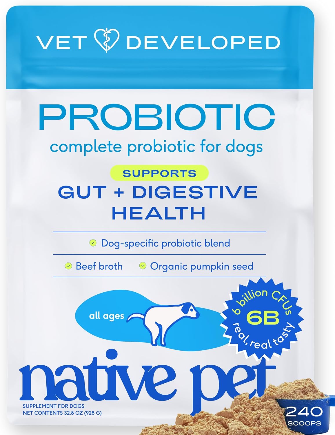 Native Pet Probióticos para Perros – Polvo Digestivo con 6B UFC, 240 dosis