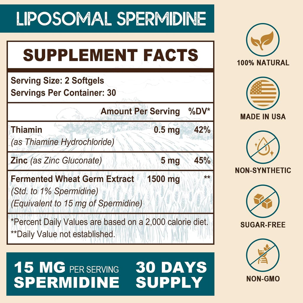 Spermidina 15 mg – 99% Pureza, Alta Absorción – 1500 mg Extracto de Germen de Trigo Fermentado con Zinc y Tiamina – 60 Softgels