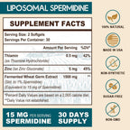 Spermidina 15 mg – 99% Pureza, Alta Absorción – 1500 mg Extracto de Germen de Trigo Fermentado con Zinc y Tiamina – 60 Softgels