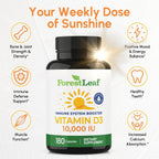ForestLeaf Vitamin D3 10,000 IU | Vitamina D3 para Huesos, Dientes y Sistema Inmunológico | Cápsulas Fáciles de Tragar | Suministro para 6 Meses, 180 Cápsulas