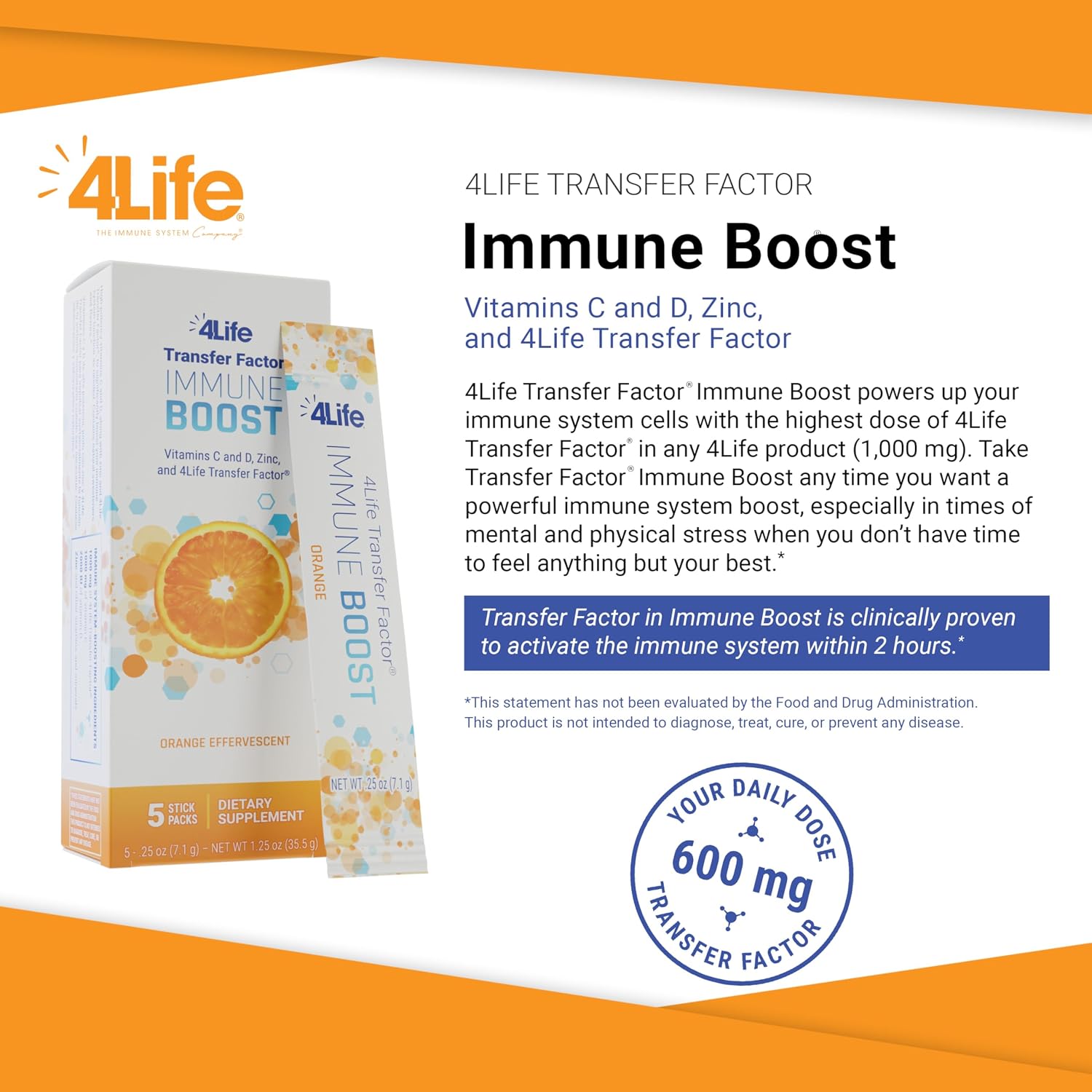 4Life Transfer Factor Immune Boost Mezcla para Bebida Sabor Naranja, 5 Sobres